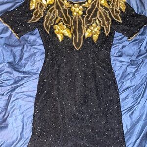 Black and gold beaded silk mini dress size small